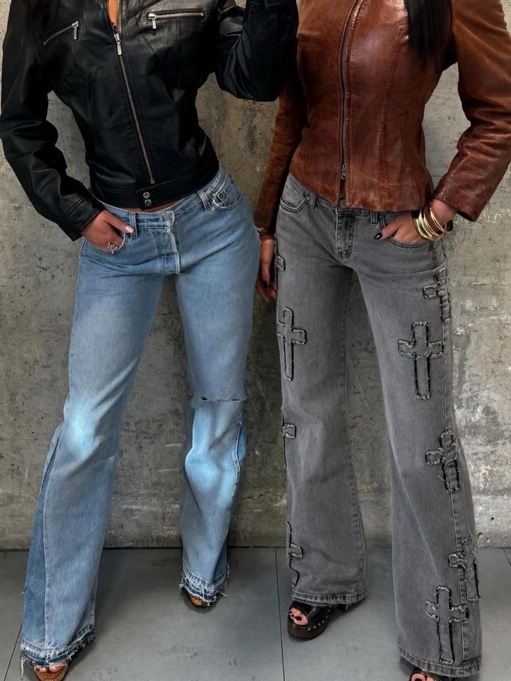 Distressed grey acid wash cross embroidered flare leg jeans